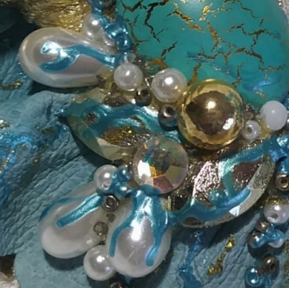 Zee Vintage Earrings 1980s Clip Real Leather Faux Stones Turquoise OS - Picture 5 of 9